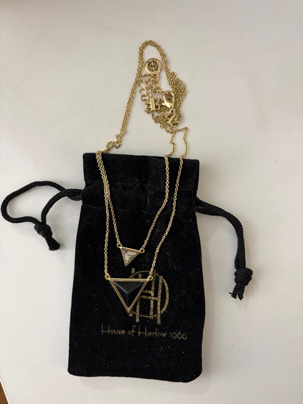 House of Harlow 1960 Gold Necklace with Black and White Triangle Pendants